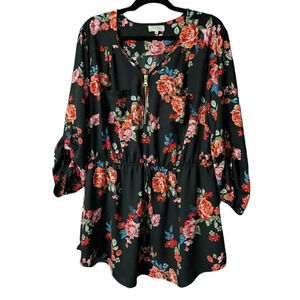Stella Tweed Black and Floral Cabbage Rose Top Size 3X